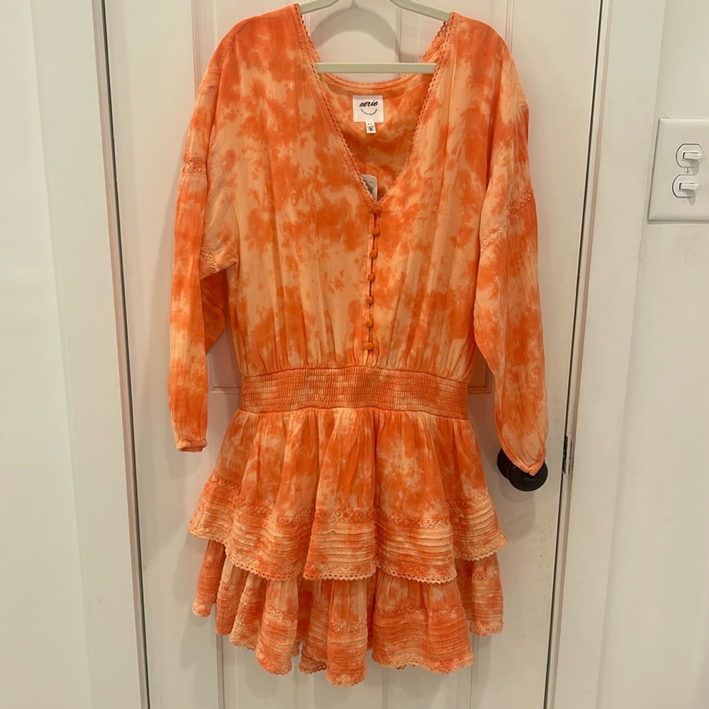 Aerie Orange and White Ruffled Tiered Sundress with Plunge Neckline